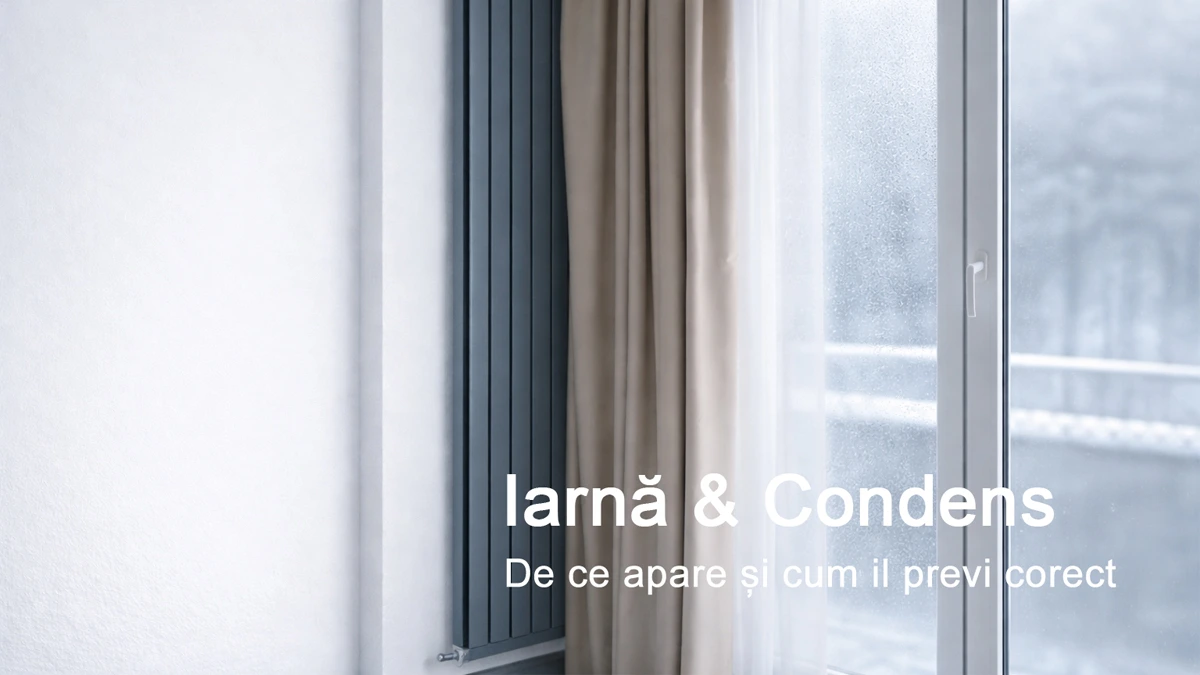 Condens pe geam termopan iarna, într-un apartament, cu diferență de temperatură și umiditate ridicată
