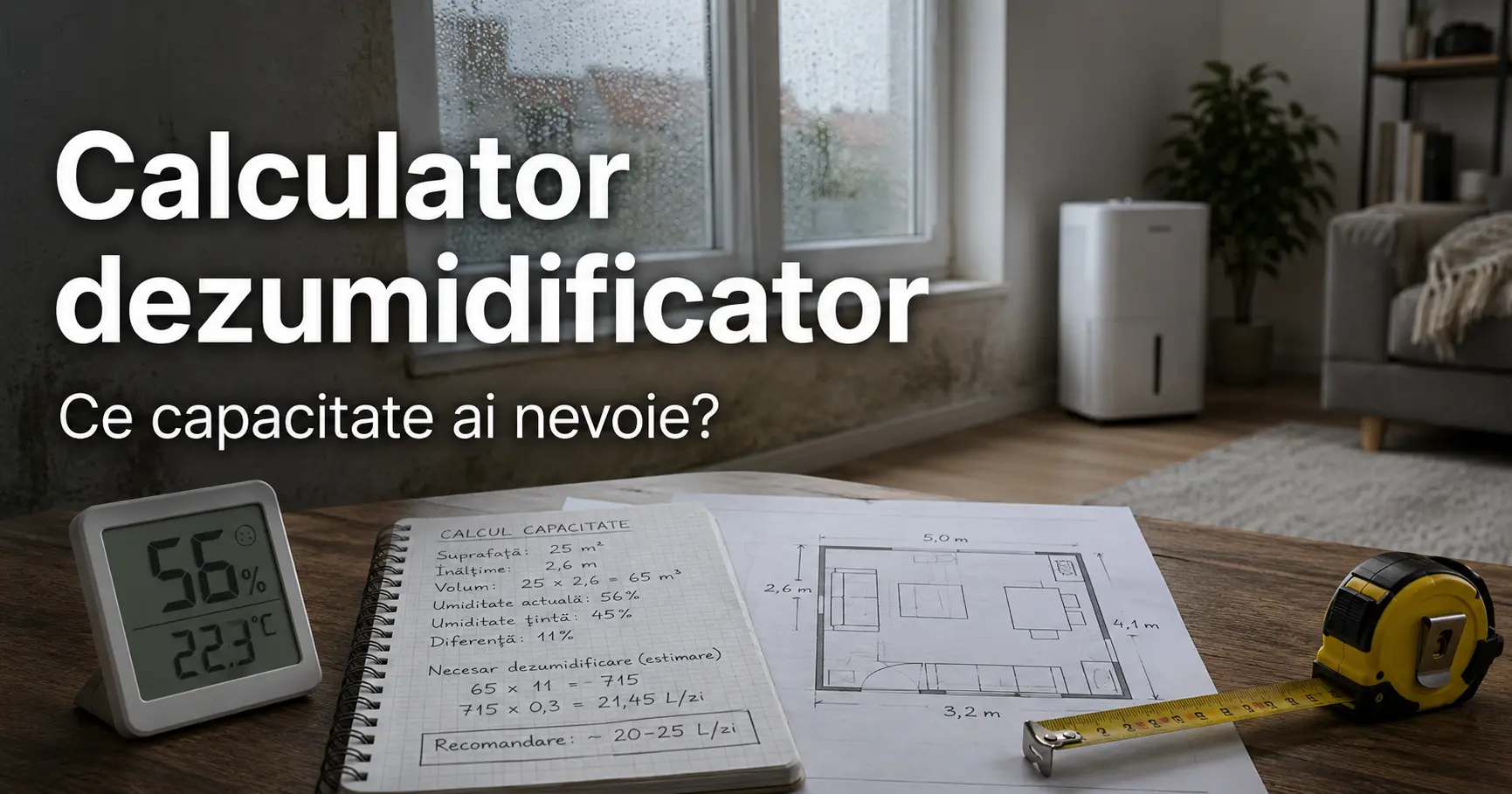 Calculator pentru estimarea capacității unui dezumidificator în funcție de spațiu și umiditate
