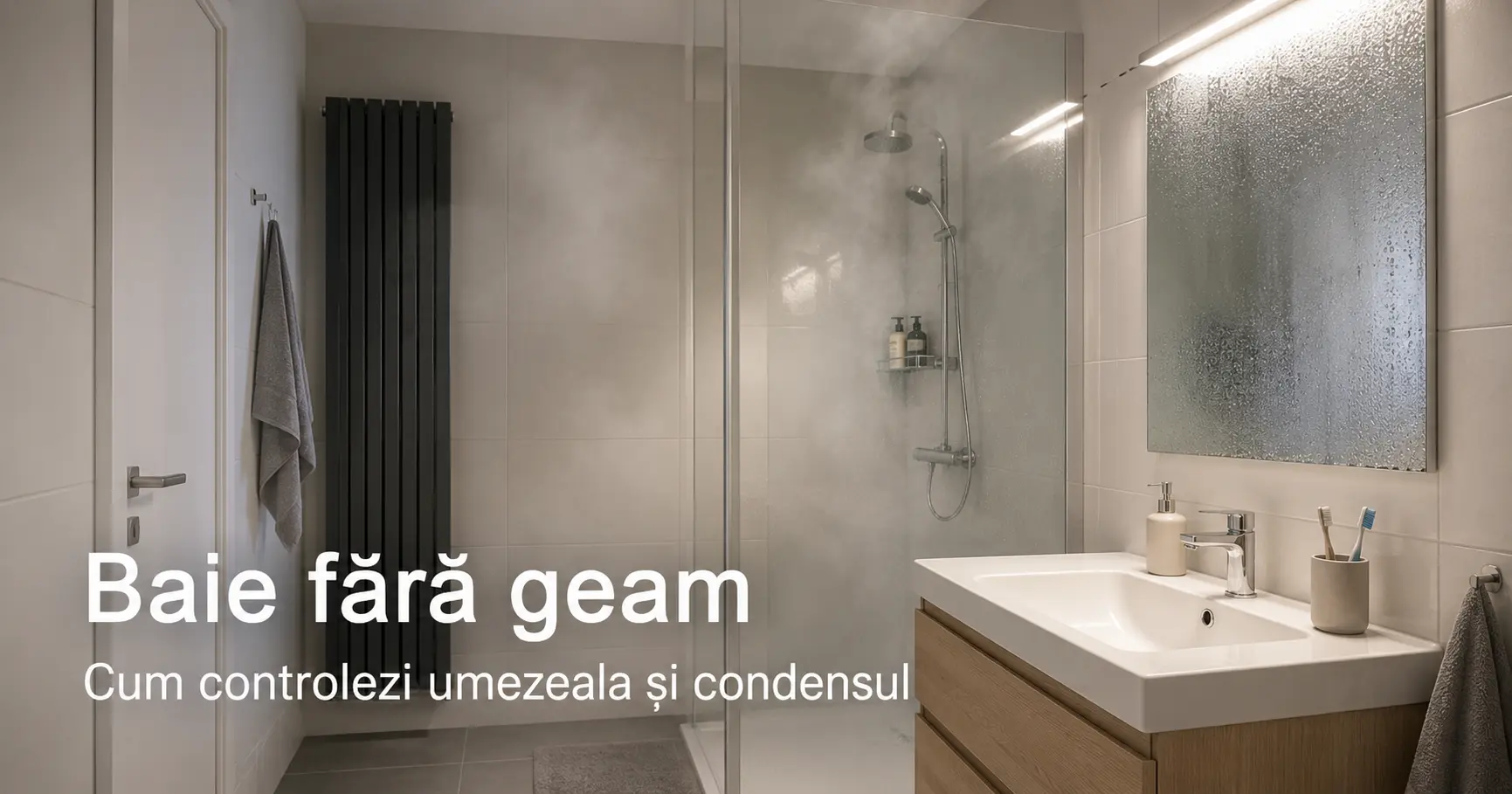 Baie fără geam cu umezeală și condens, context pentru folosirea unui dezumidificator