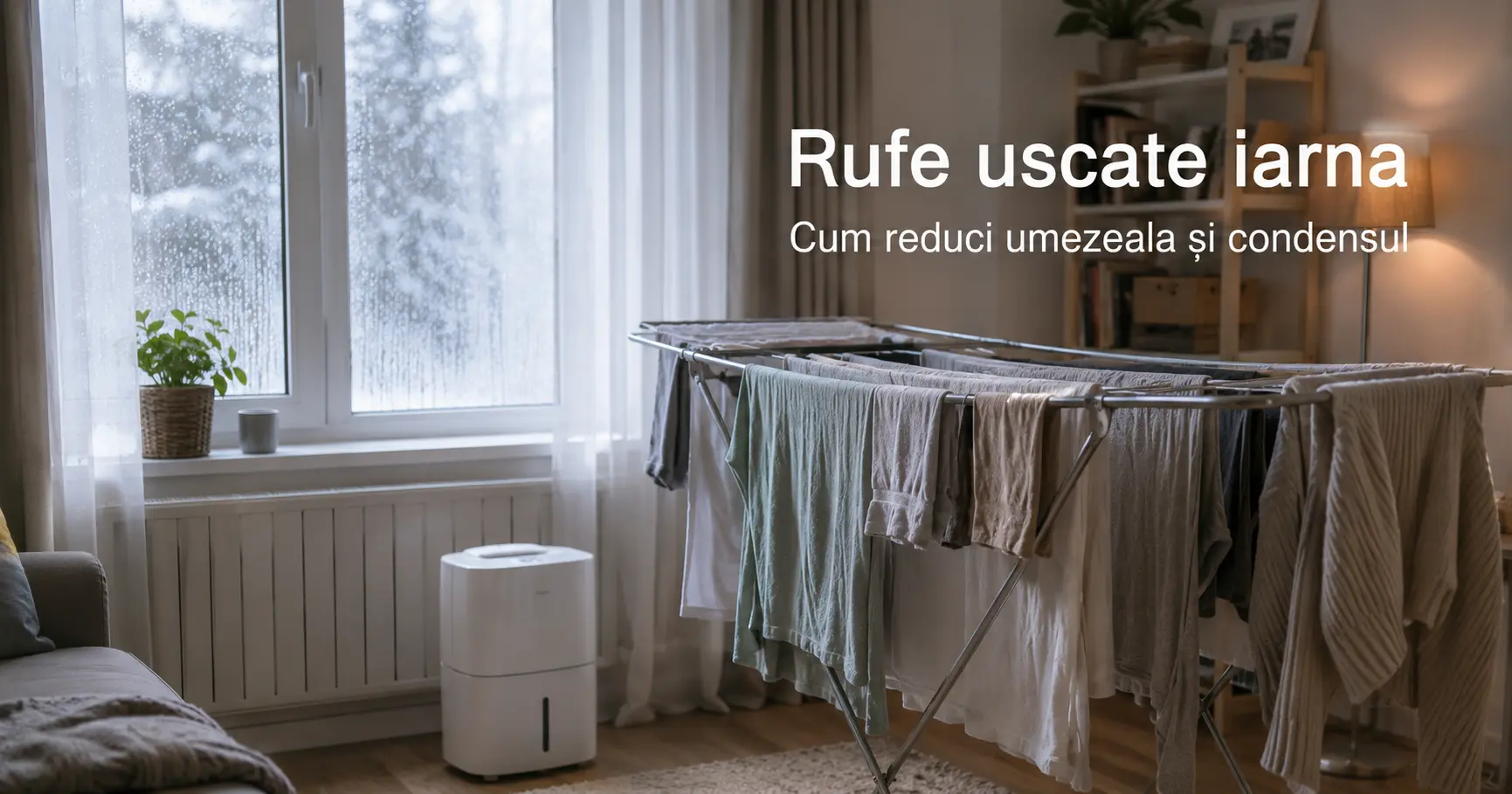 Rufe puse la uscat iarna într-o cameră, cu umiditate și condens pe geam