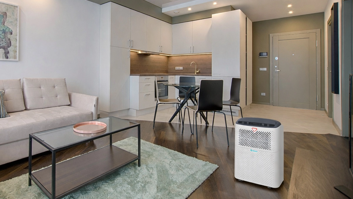 Dezumidificator AlecoAir D16 HOME amplasat într-un living open-space, exemplu de utilizare în apartament